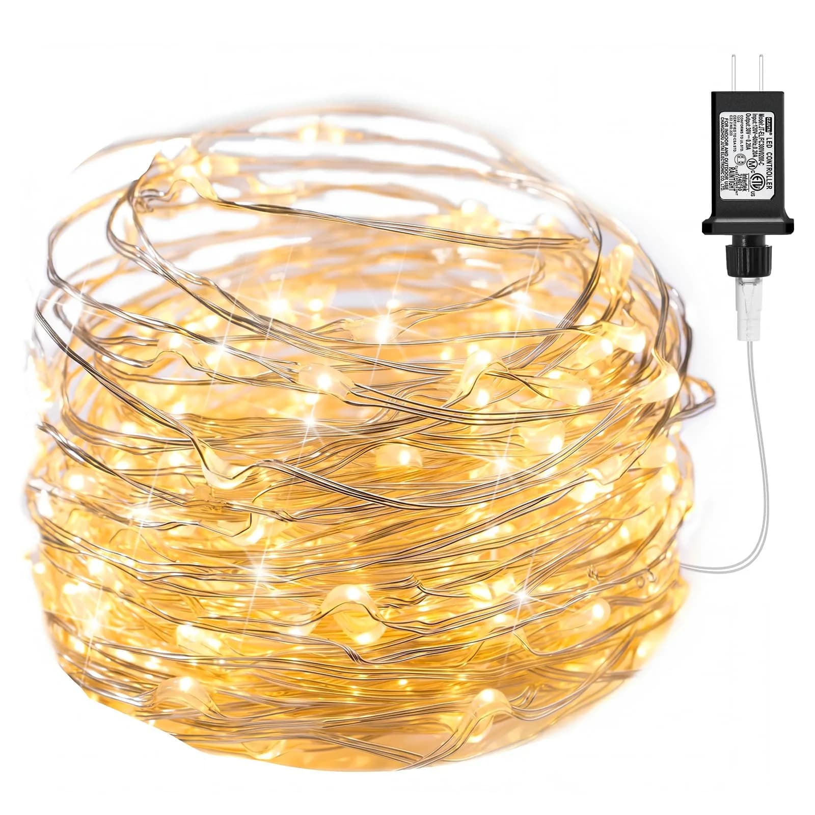 Minetom 99ft 300 LED Pure White Fairy Lights | Steady On, IP44 Waterproof Silver Wire — Warm White / 100 LEDs