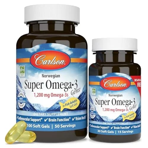 Carlson Super Omega-3 Gems 1200 mg | Pescatarian Fish Oil Softgels for Heart & Brain (100 + 30 Softgels) thumbnail 1