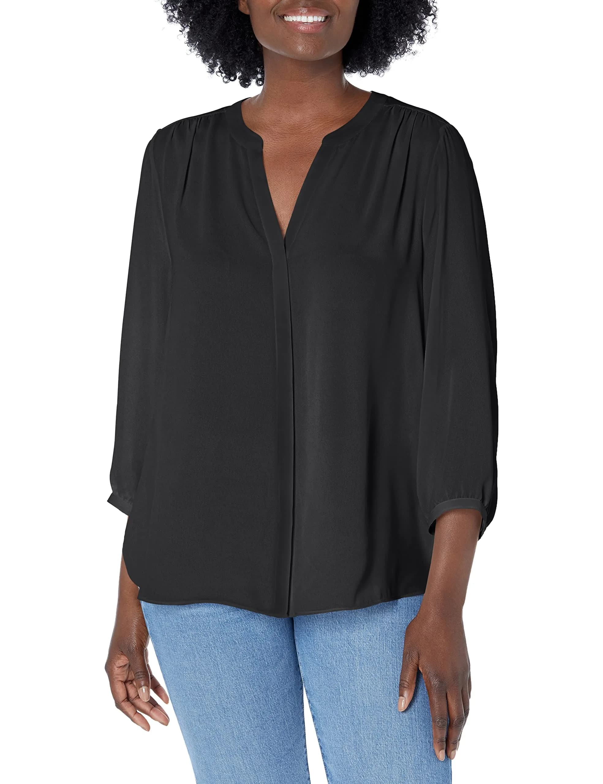 NYDJ Women’s Three-Quarter Sleeve Pintuck Blouse | Classic Lightweight Top — Black