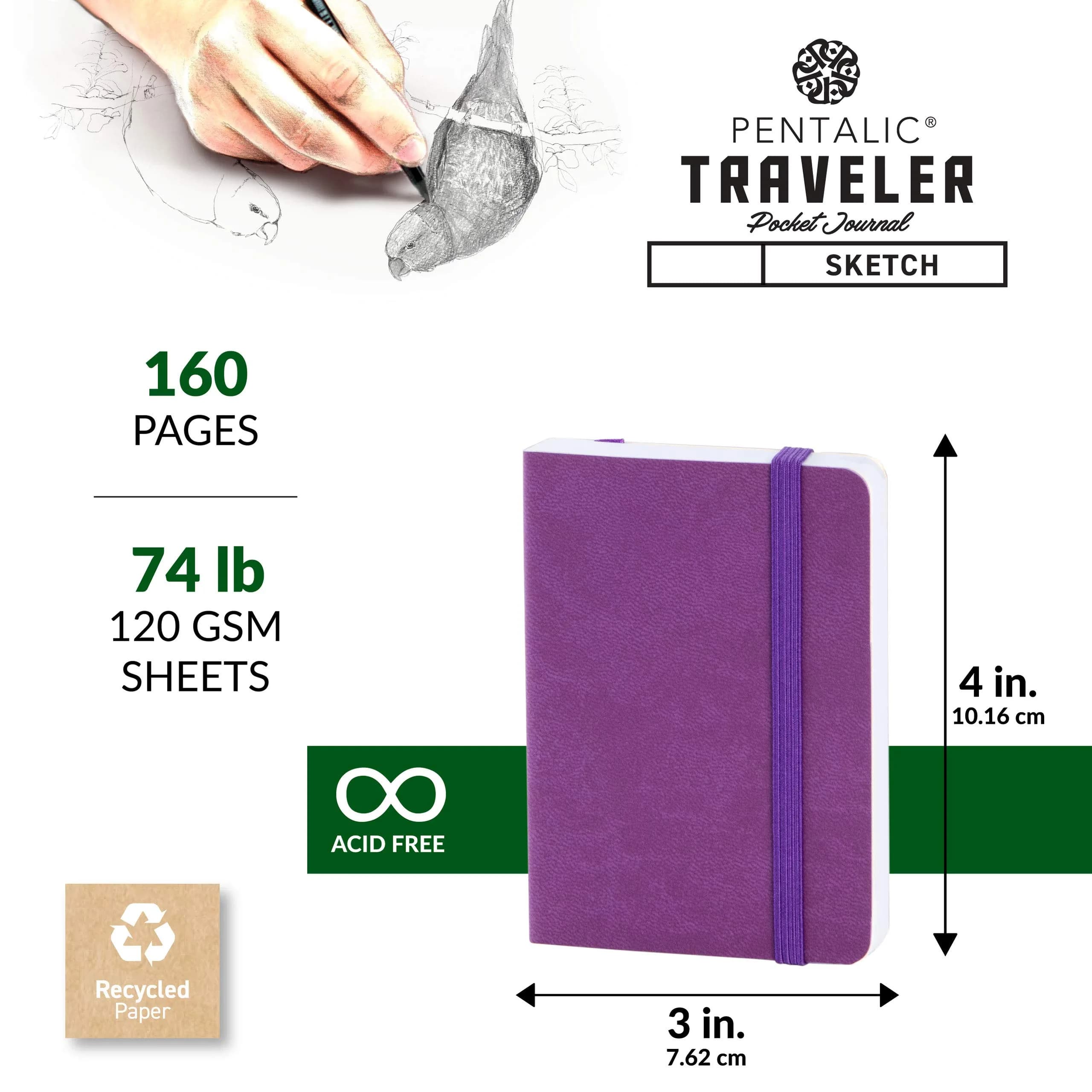 Pentalic 3" x 4" Pocket Sketchbook Traveler Journal, 160 Pages, Purple | Acid-Free Recycled Paper - view 3