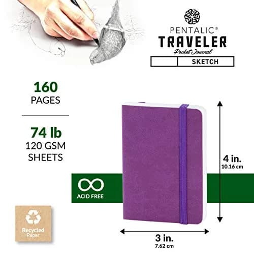 Pentalic 3" x 4" Pocket Sketchbook Traveler Journal, 160 Pages, Purple | Acid-Free Recycled Paper thumbnail 3