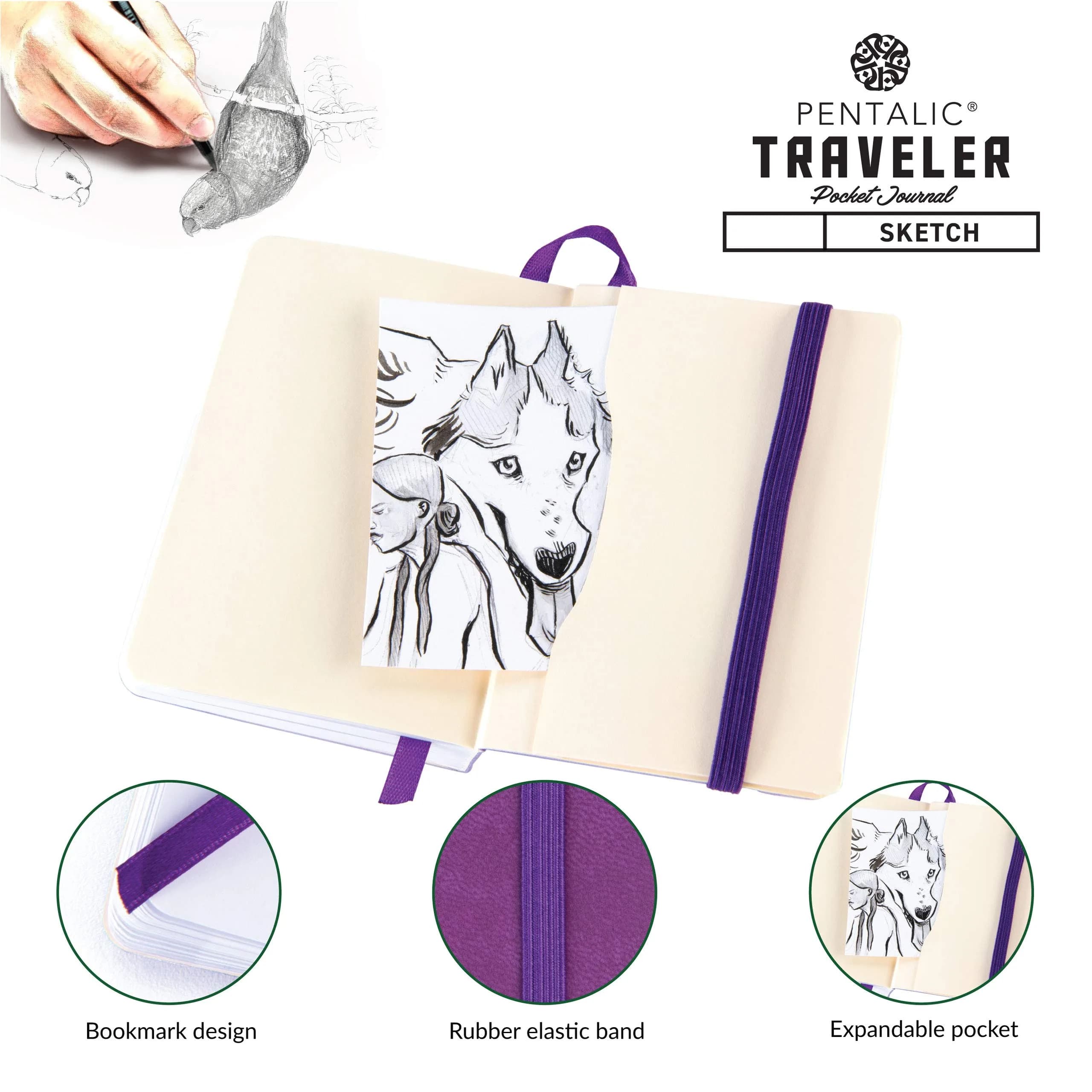 Pentalic 3" x 4" Pocket Sketchbook Traveler Journal, 160 Pages, Purple | Acid-Free Recycled Paper - view 4