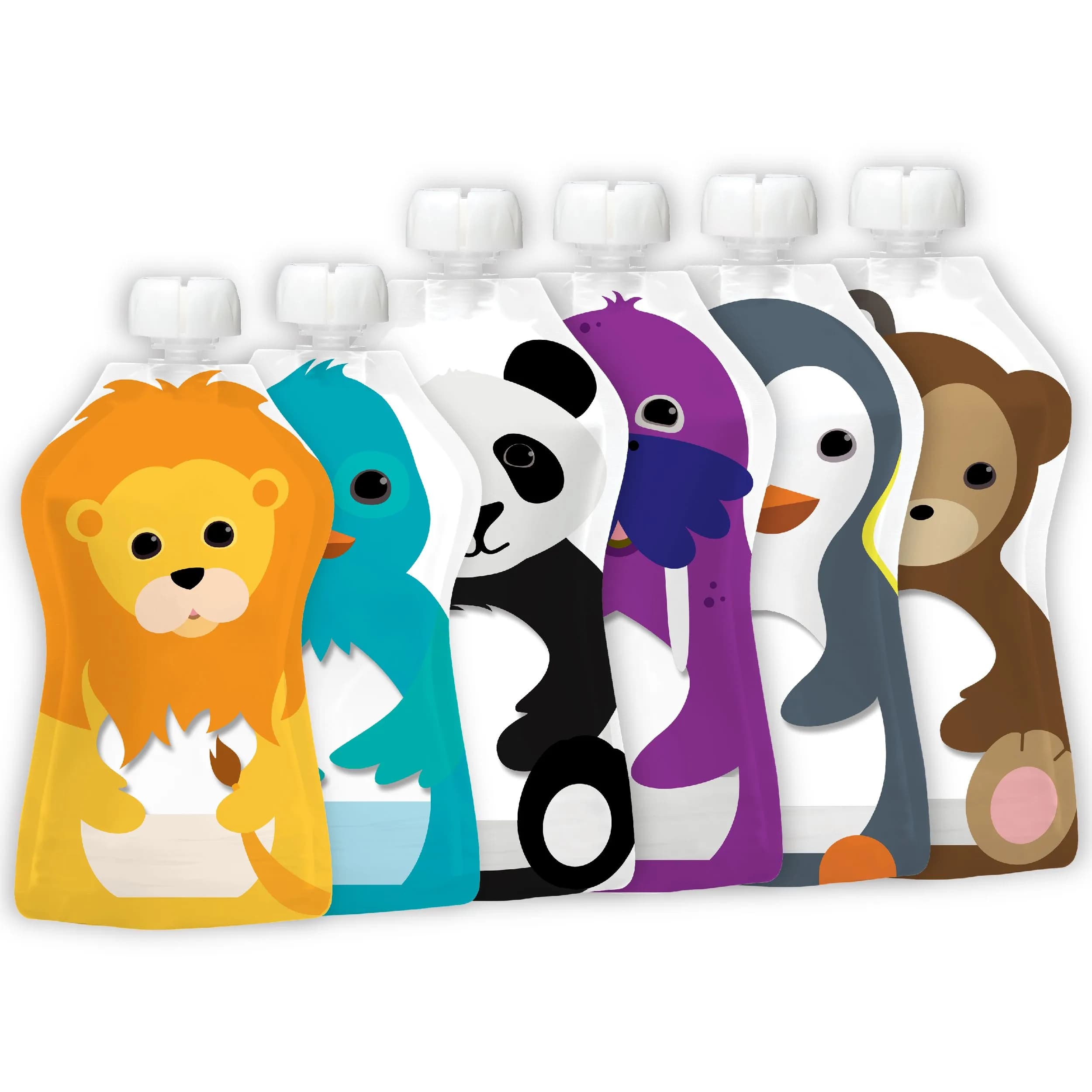 SQUOOSHI Reusable Baby Food Pouches 6 Pack 5oz Assorted Animals | Eco-Friendly, BPA-Free, Travel-Ready — Walrus/Panda/Monkey/Penguin/Lion/Bird / Mixed Size