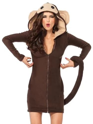 Leg Avenue Cozy Monkey Hooded Fleece Dress with Tail | Cute Halloween Costume for Women, Brown, Large thumbnail 1