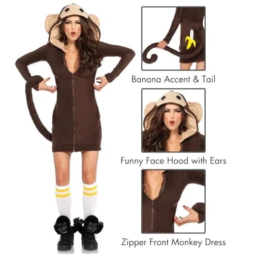 Leg Avenue Cozy Monkey Hooded Fleece Dress with Tail | Cute Halloween Costume for Women, Brown, Large thumbnail 2