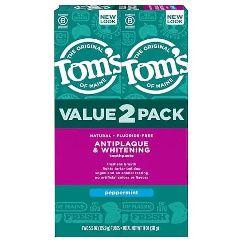 Tom's of Maine Antiplaque and Whitening Toothpaste, Peppermint, 2 x 156g (5.5 oz) | Fluoride-Free Natural Whitening — Peppermint