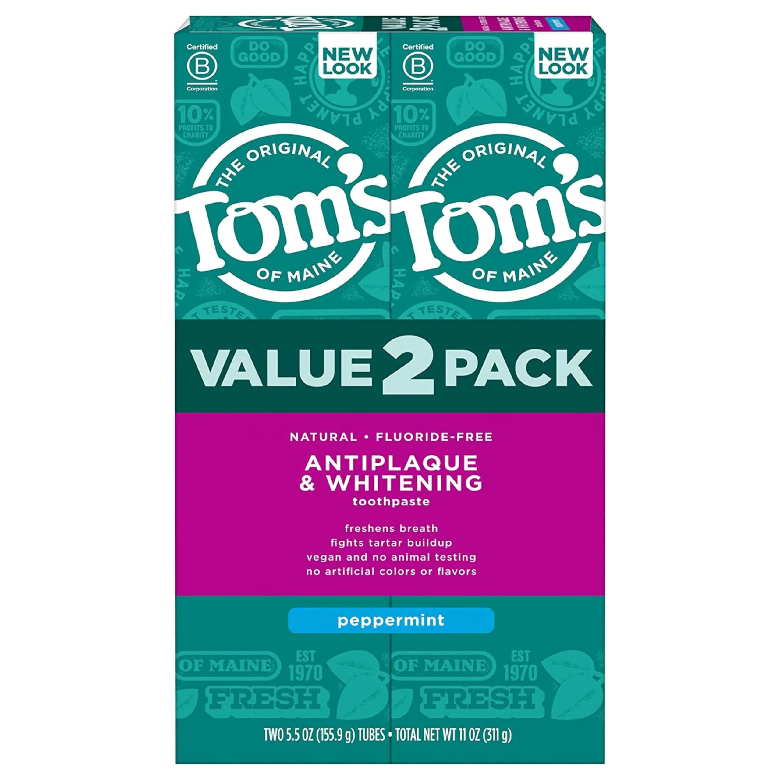 Tom's of Maine Antiplaque and Whitening Toothpaste, Peppermint, 2 x 156g (5.5 oz) | Fluoride-Free Natural Whitening - main product image