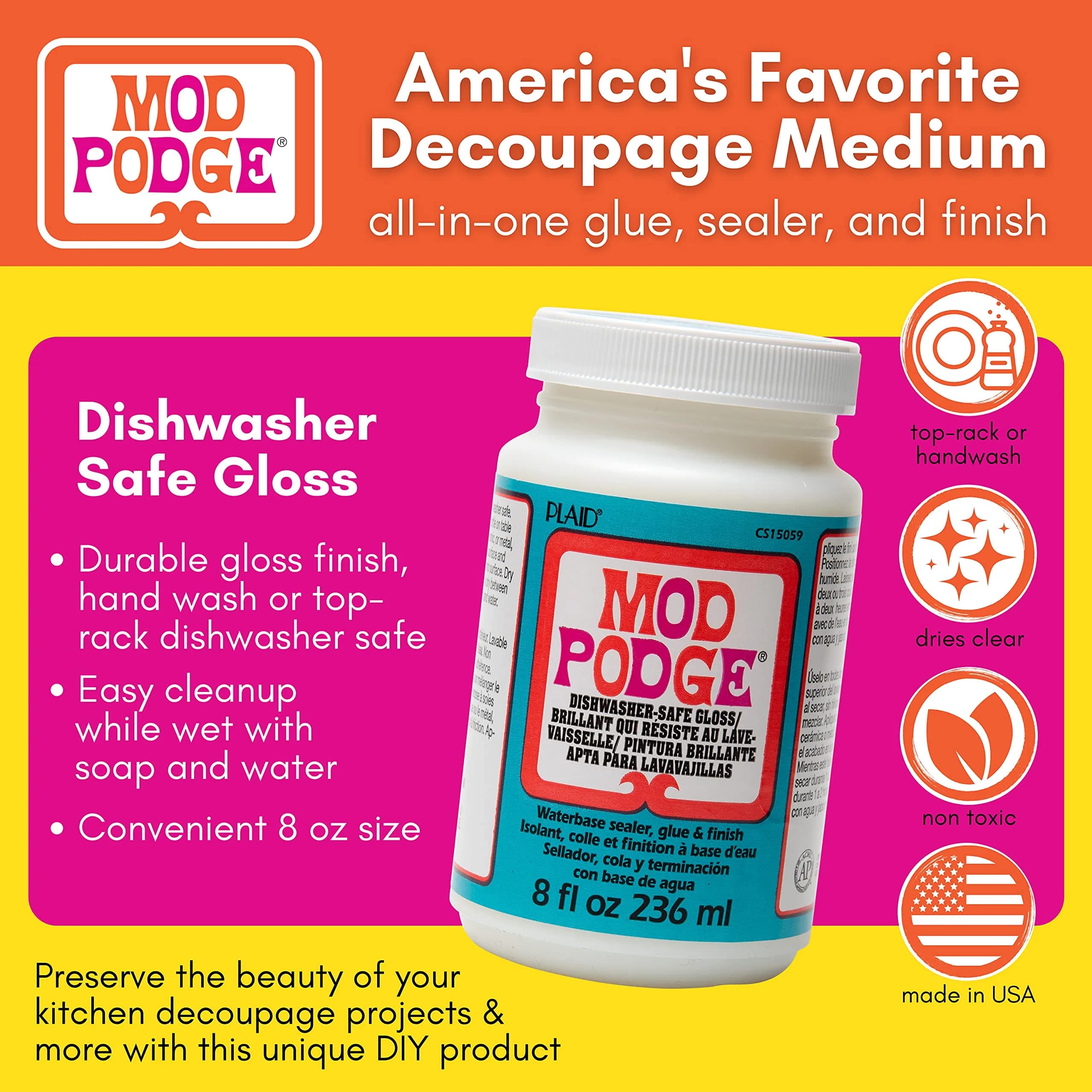 Mod Podge Dishwasher Safe Waterbased Sealer Glue and Finish 237ml (8 fl oz) | Glossy Finish for Decoupage Projects - view 2
