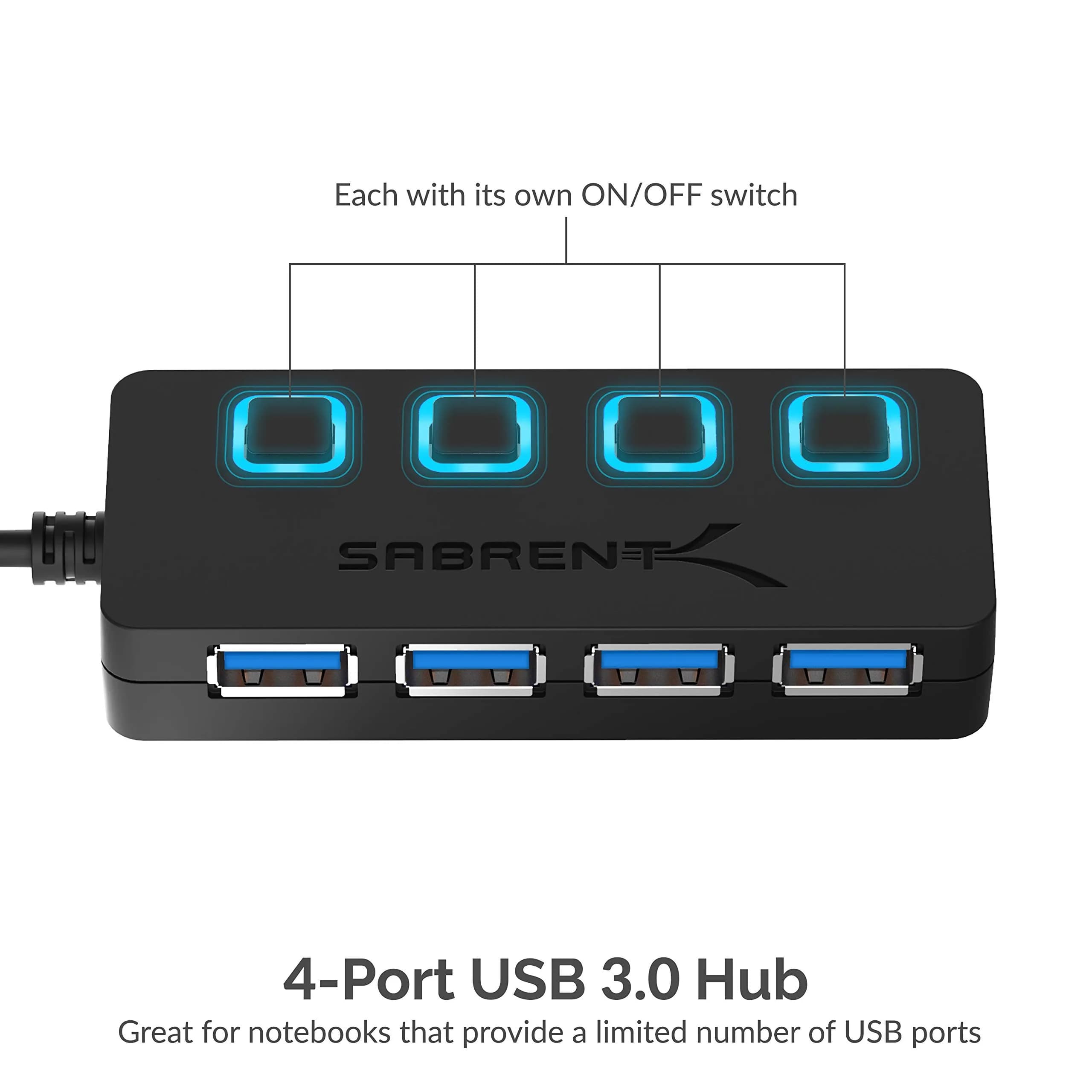 Sabrent 4-Port USB 3.0 Hub with Individual Power Switches & LED Indicators (HB-UM43) | 5Gbps Data Transfer - view 2