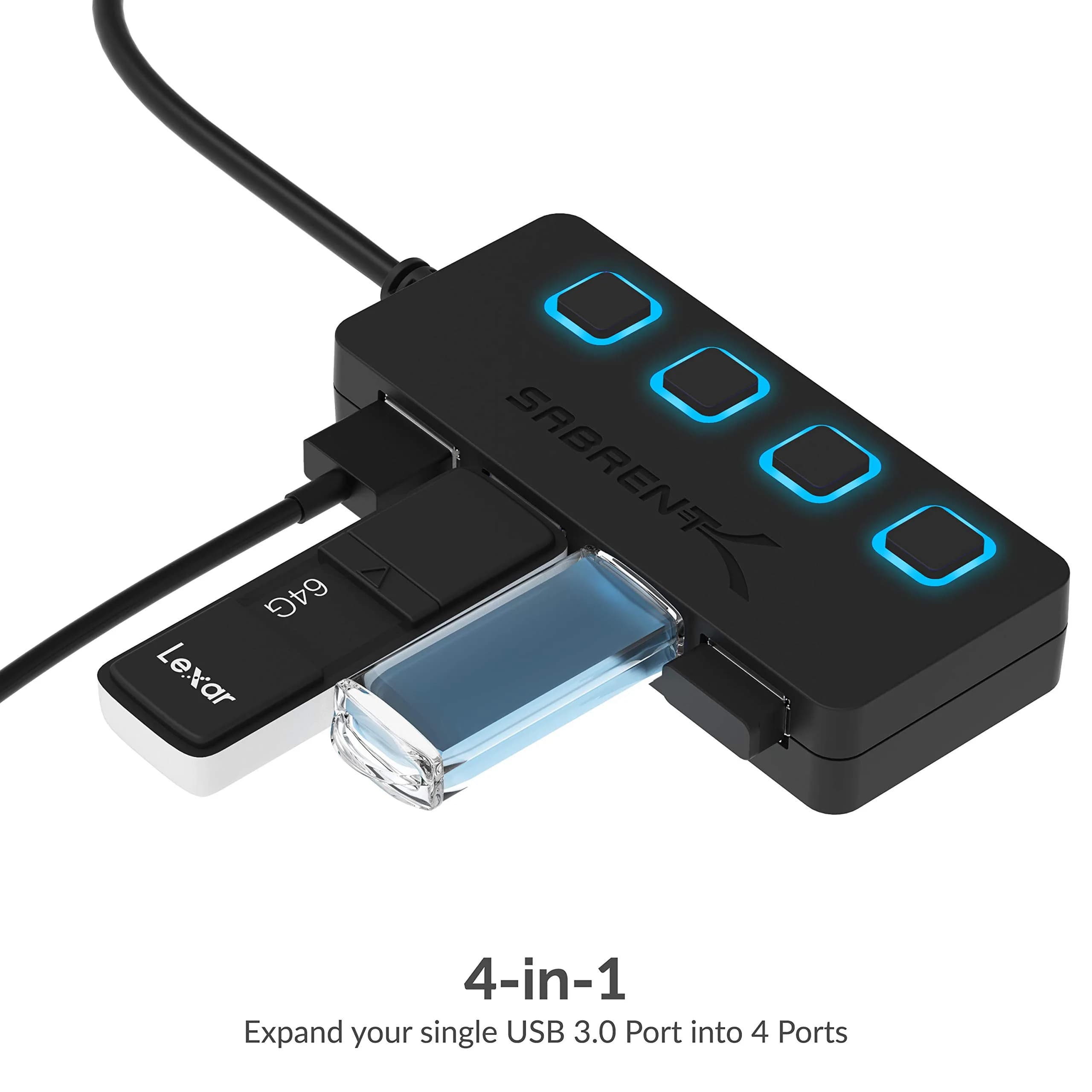 Sabrent 4-Port USB 3.0 Hub with Individual Power Switches & LED Indicators (HB-UM43) | 5Gbps Data Transfer - view 3