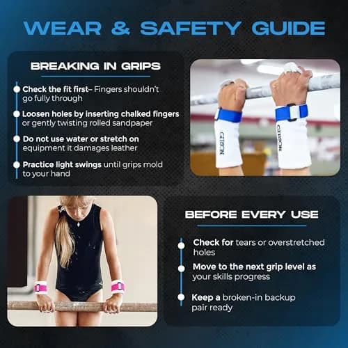 Gibson Athletic Rainbow Gymnastics Grips for Beginners, Large, Black | Leather Hand Grips for Bars & Rings thumbnail 5