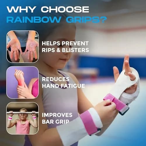 Gibson Athletic Rainbow Gymnastics Grips for Beginners, Large, Pink | Leather Hand Protection for Bar Work thumbnail 2