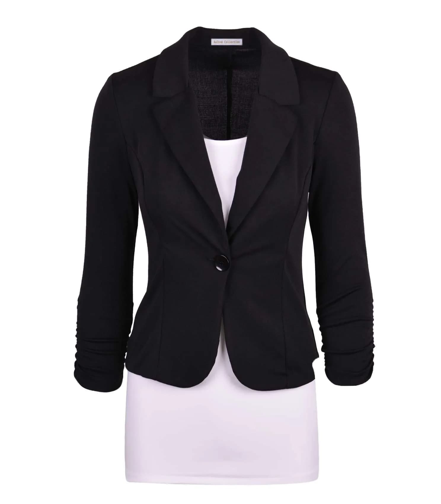 Auliné Collection Women's Casual Work Solid Color Knit Blazer Navy Blue Medium | Versatile lightweight blazer for office & casual wear — Black / Small