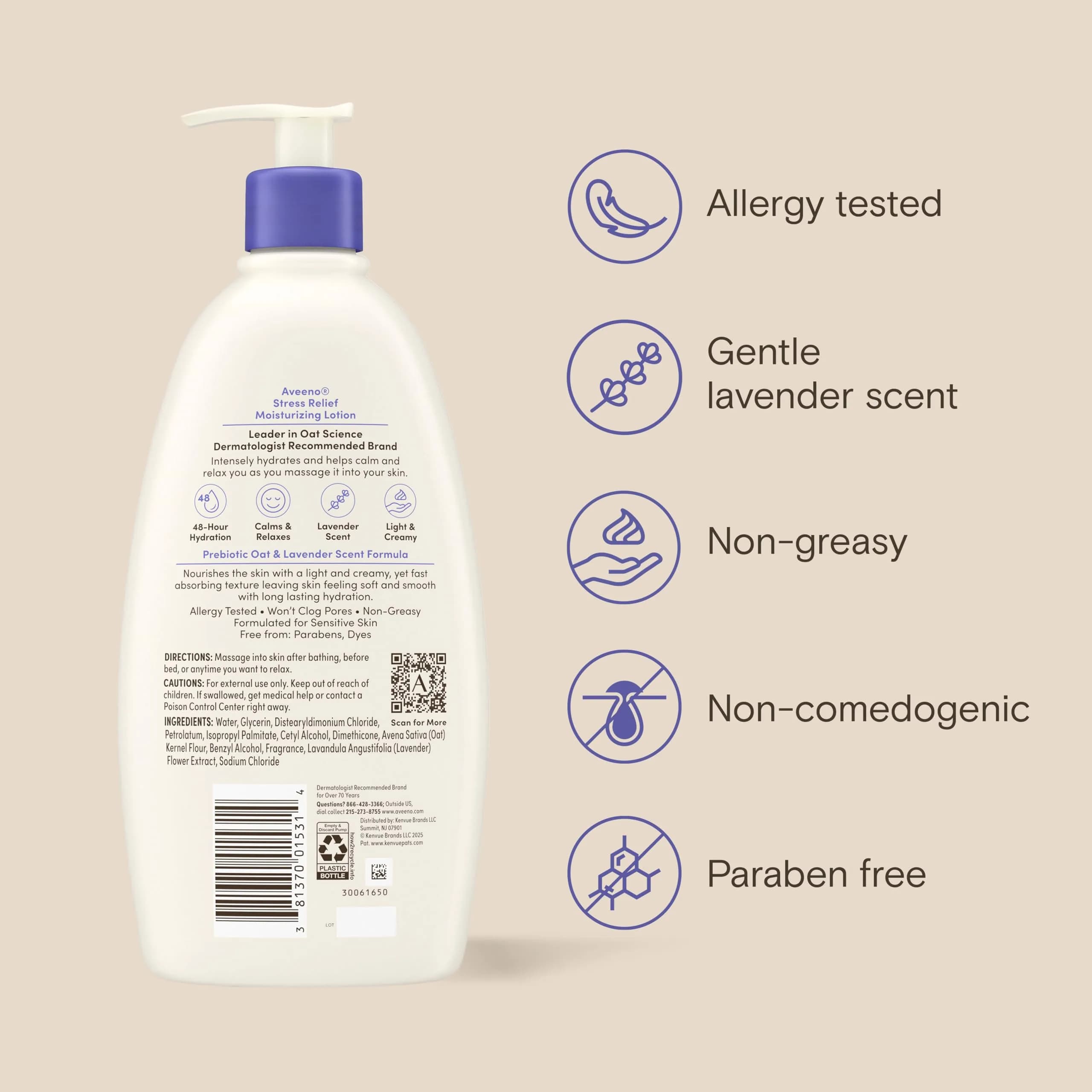 Aveeno Stress Relief Moisturizing Body Lotion, Lavender Scent with Prebiotic Oat, 532ml (18 Fl Oz Pack of 3) | 48-Hour Hydration for Sensitive Skin - view 9