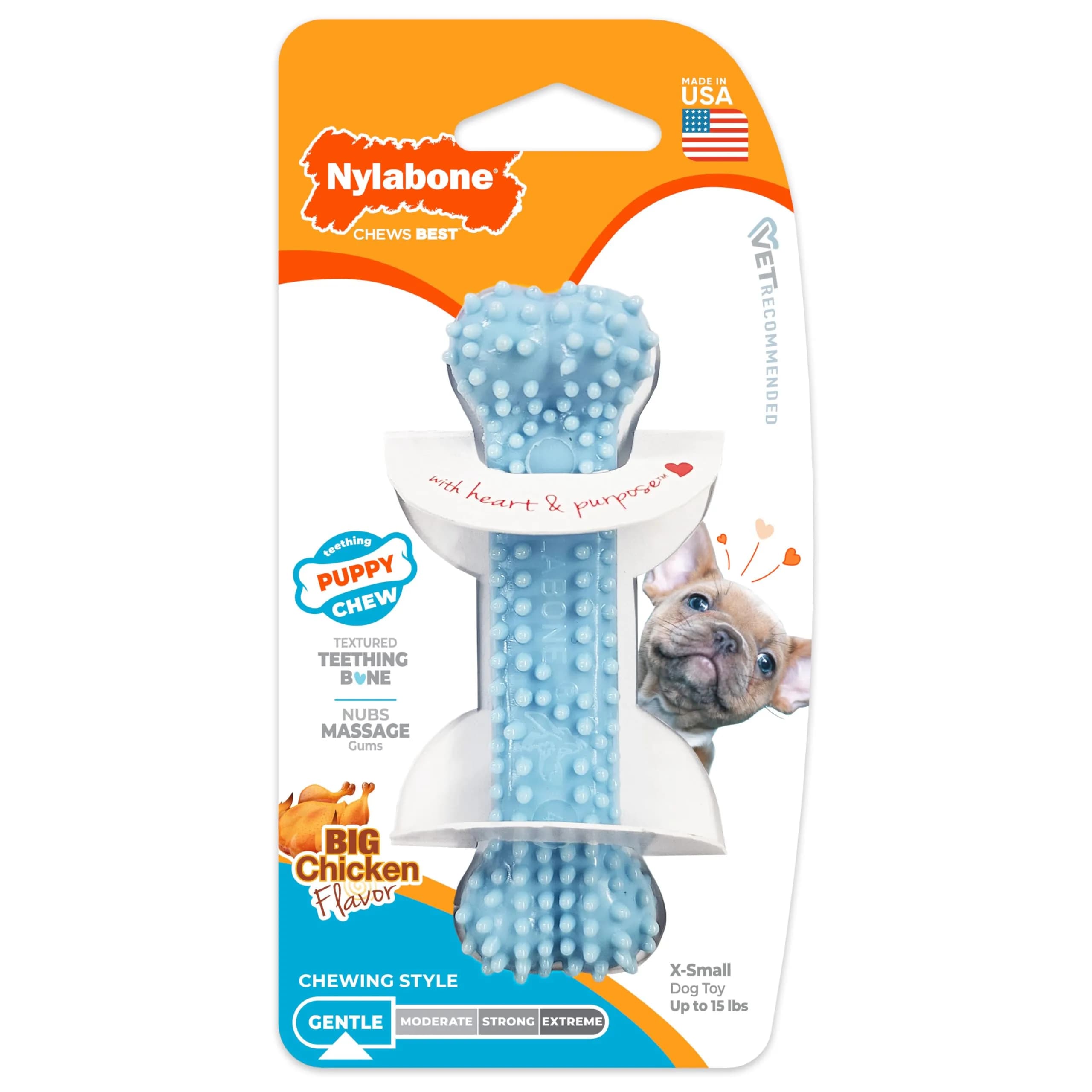 Nylabone Puppy Pacifier Chew Toy, Teething Toy for Puppies up to 25 lbs | Bacon Flavored, Soft Material, Textured Nubs — Blue / X-Small
