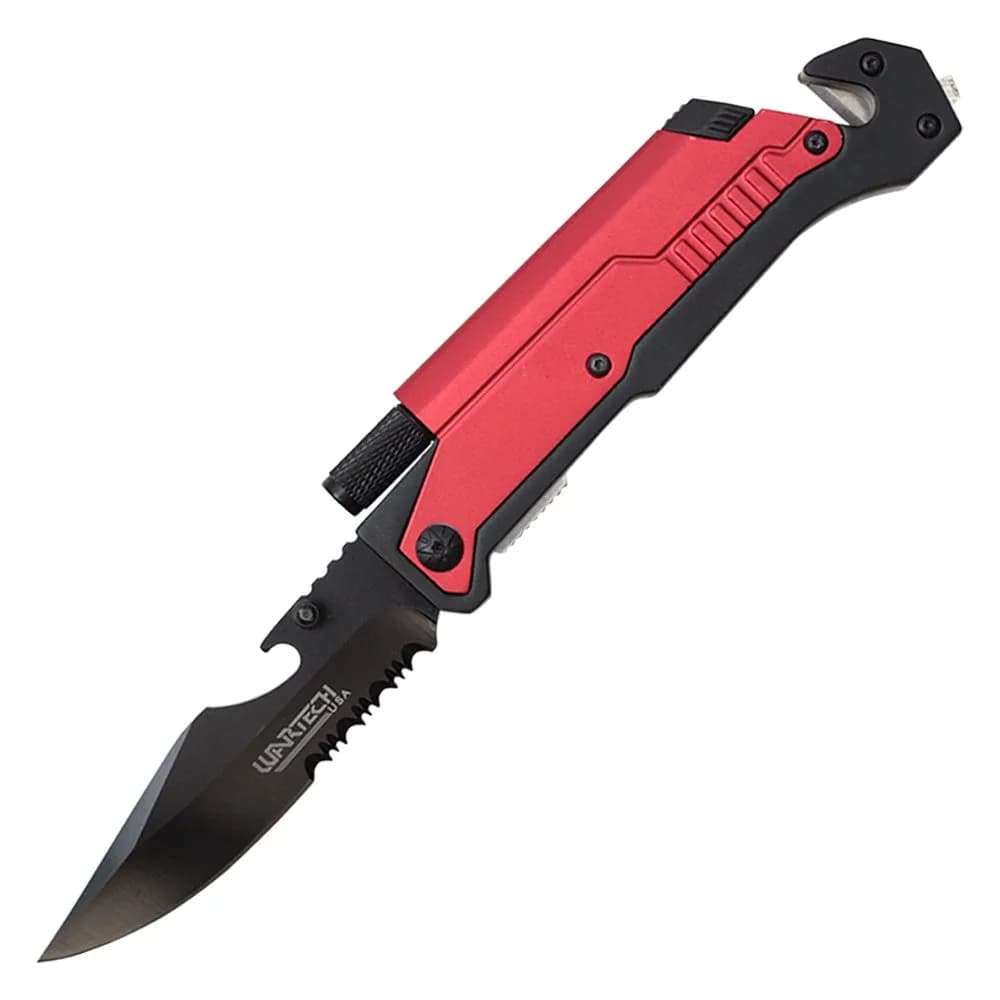 Wartech YC-S-9045-RD Spring Assisted 8.5" Folding Knife | Multi-Purpose Outdoor Tool with LED & Fire Starter