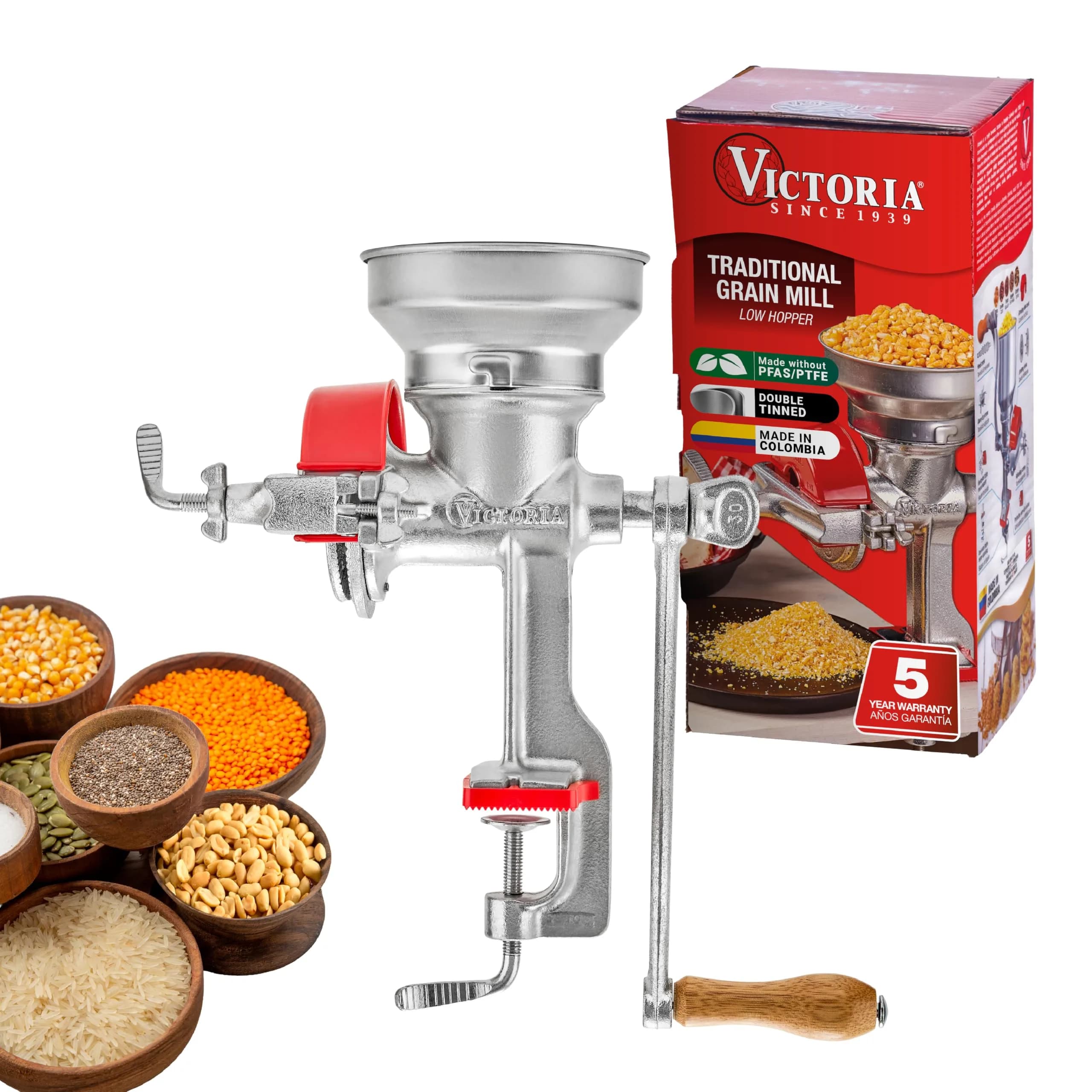 Victoria Manual Cast Iron Grain Mill 1200g with Low Hopper | Durable Hand-Crank Food Grinder