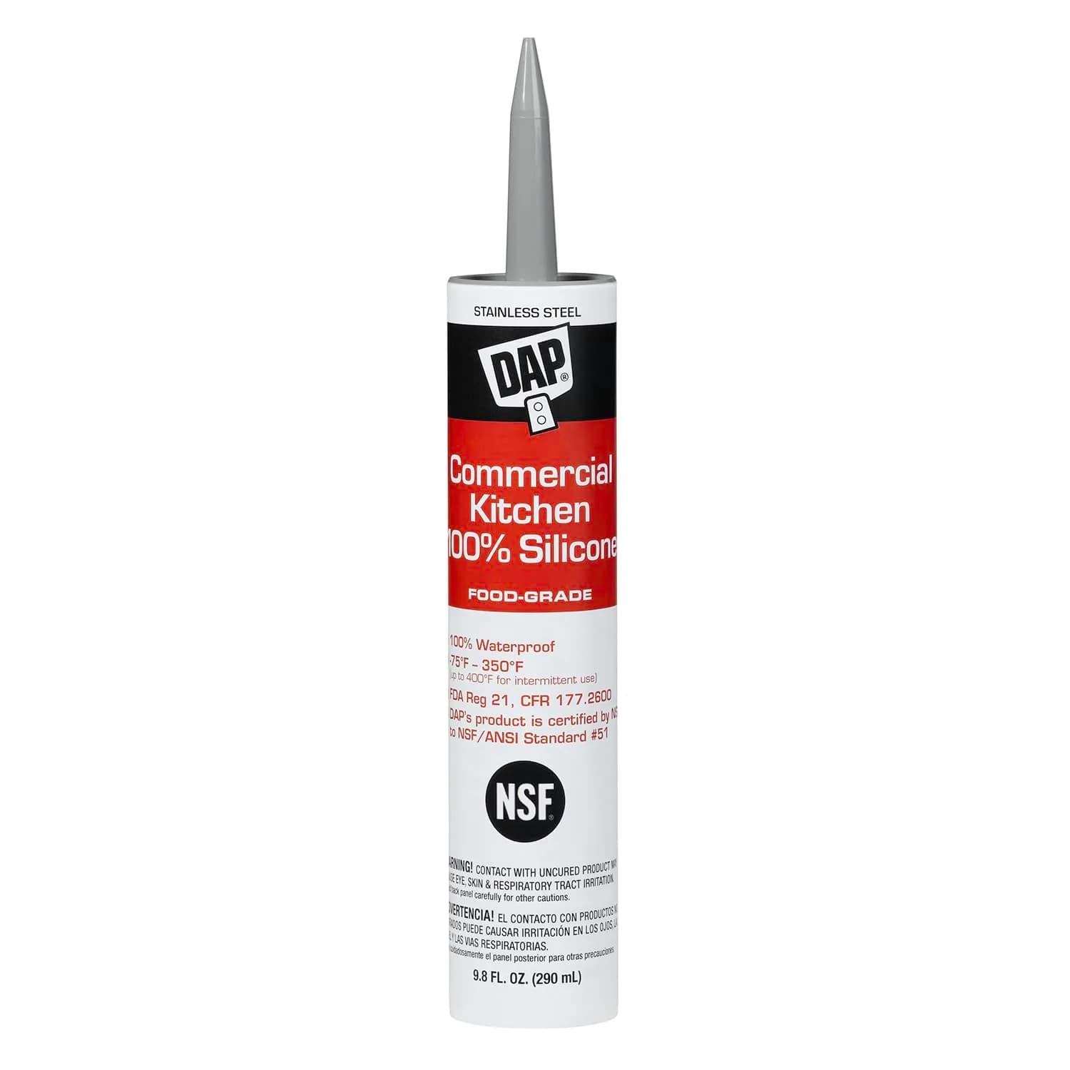 DAP Commercial Kitchen Silicone Sealant 9.8 Oz | Food Zone Approved, Waterproof & Flexible — Stainless Steel