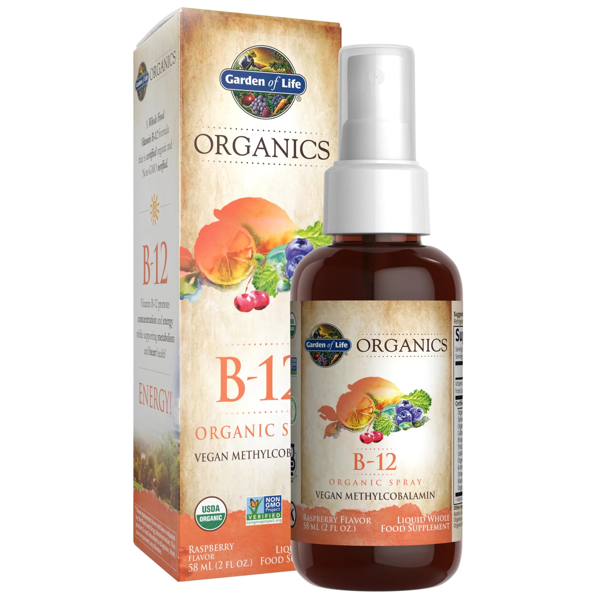 Garden of Life Organics B12 Vitamin Spray Raspberry 2oz (59ml) | Whole Food B-12 for Metabolism & Energy - main product image