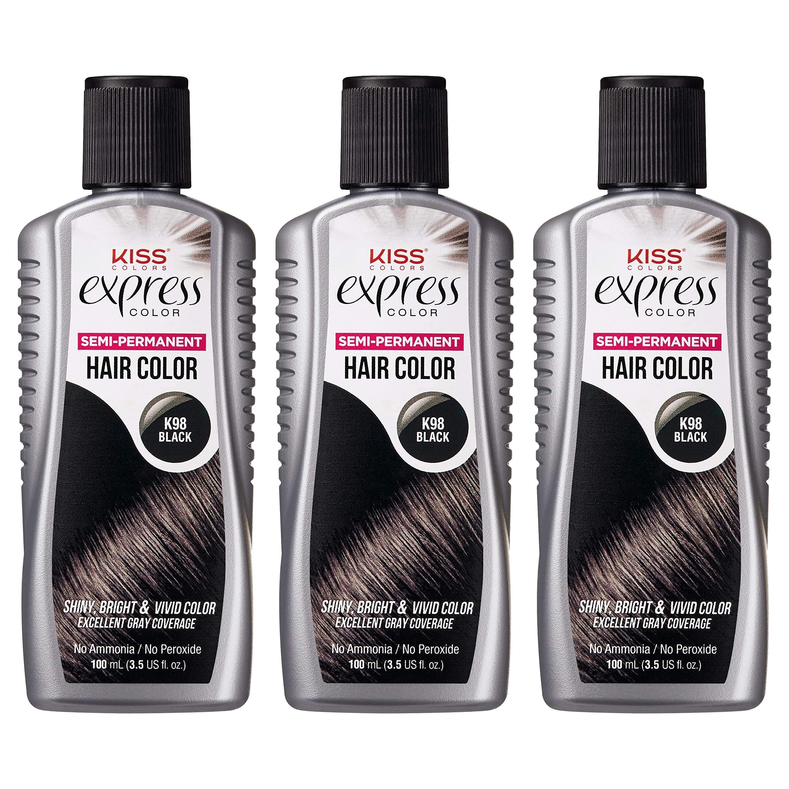 KISS Express Color Semi-Permanent Black Hair Dye 103ml (3.5 Fl Oz) | Pack of 3 Bottles — Black