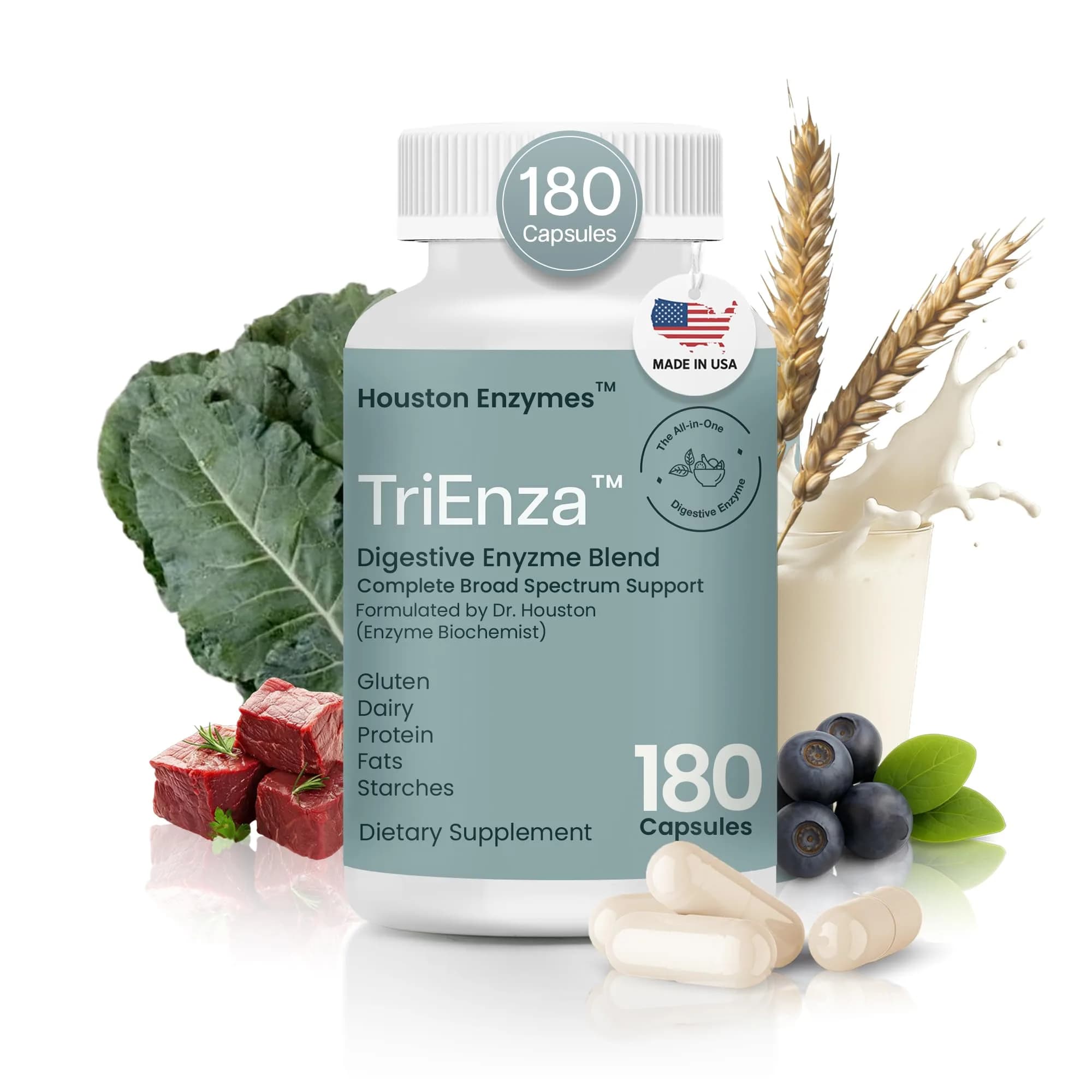 Houston Enzymes TriEnza Digestive Enzymes 180 Capsules (90 Doses) | Supports Protein, Carb, Fat & Polyphenol Digestion - main product image