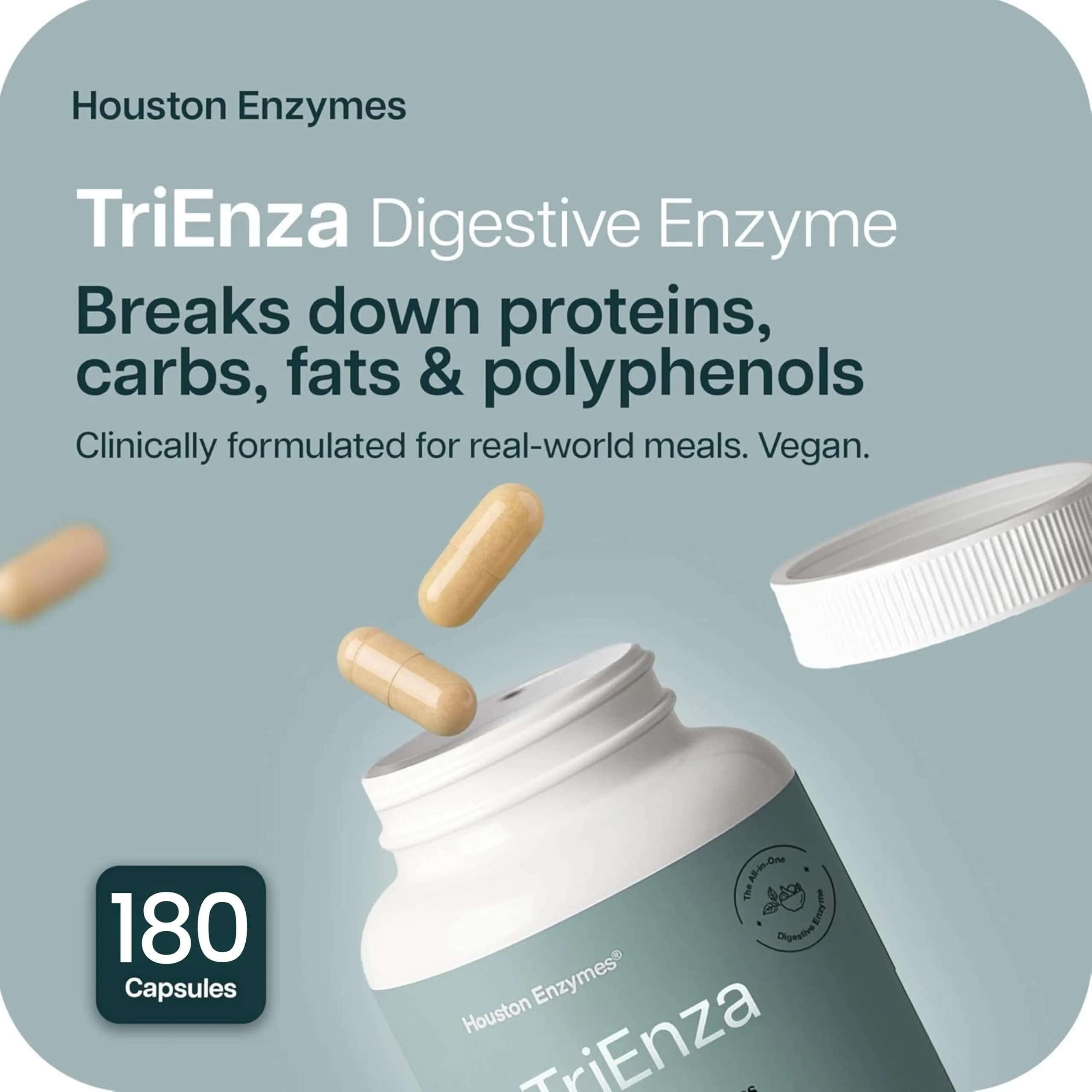 Houston Enzymes TriEnza Digestive Enzymes 180 Capsules (90 Doses) | Supports Protein, Carb, Fat & Polyphenol Digestion - view 2