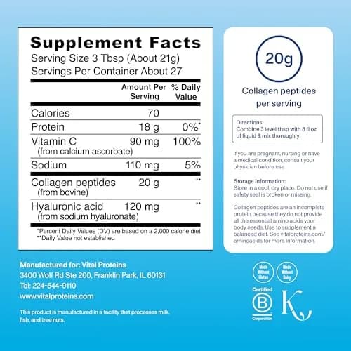 Vital Proteins Unflavored Collagen Peptides Powder, 27 Servings (1 Pack) | Hydrolyzed Peptides with Hyaluronic Acid & Vitamin C thumbnail 3