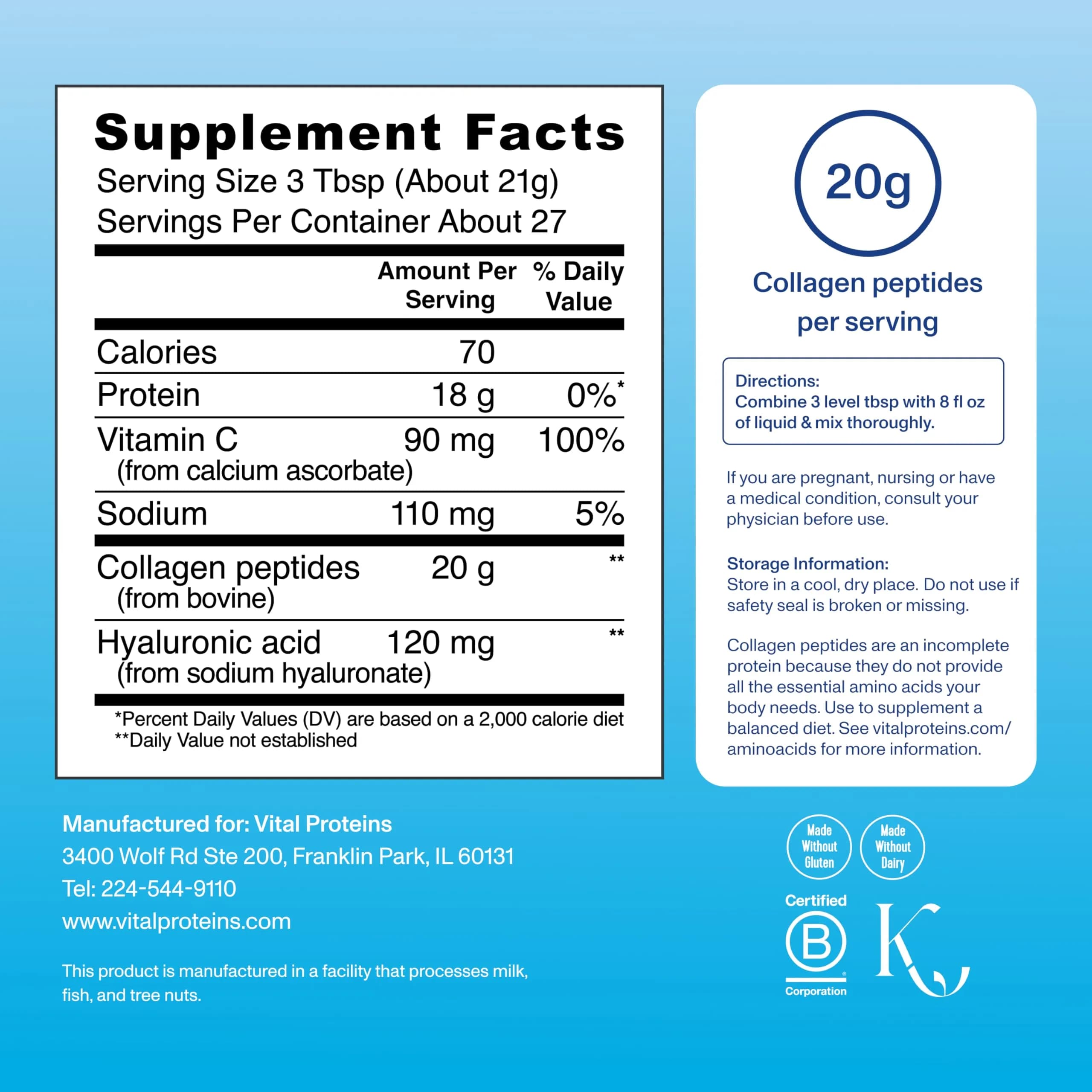 Vital Proteins Unflavored Collagen Peptides Powder, 27 Servings (1 Pack) | Hydrolyzed Peptides with Hyaluronic Acid & Vitamin C - view 3