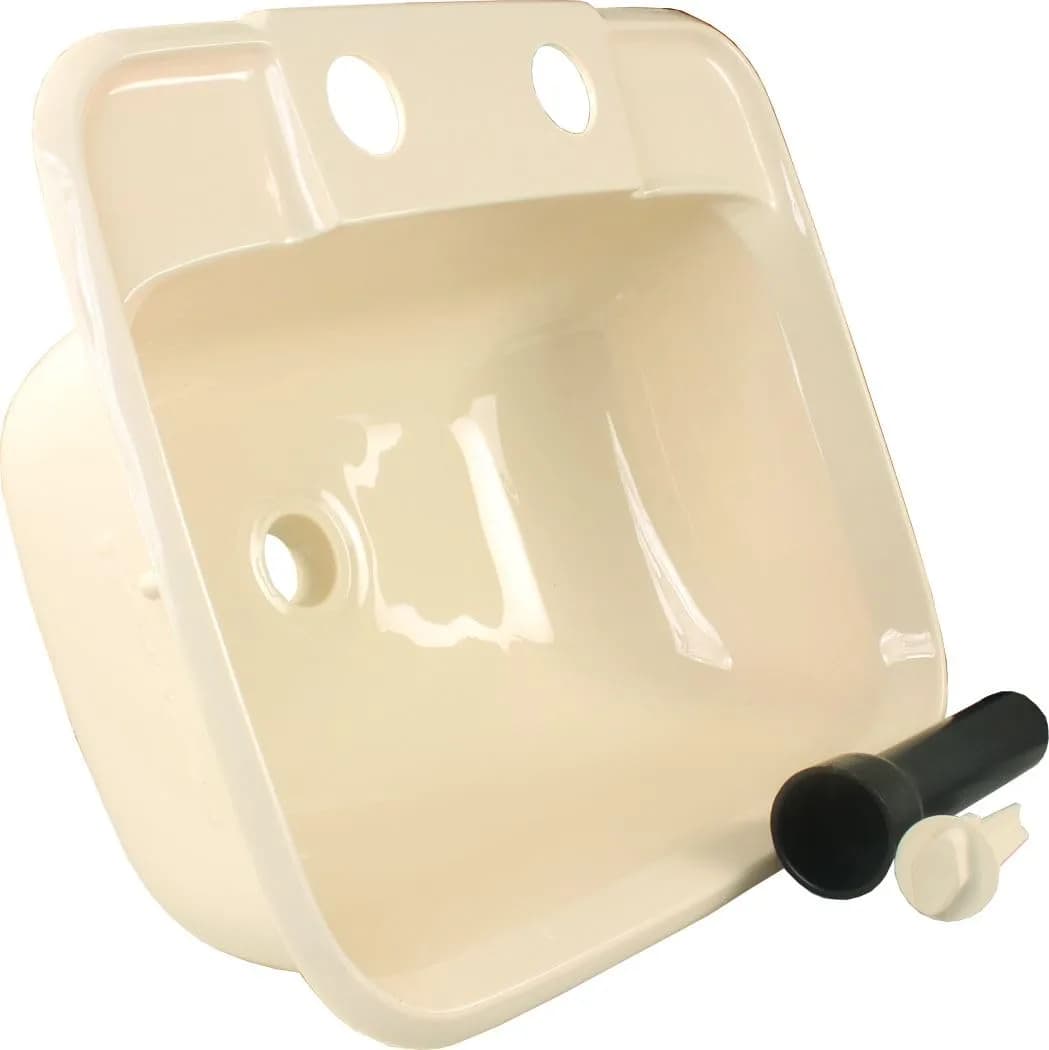 JR Products Molded Lavatory Sink - Parchment | 6" Tall x 14-7/8" Wide x 12-3/8" Deep, Pop-Up Drain, ABS Glue