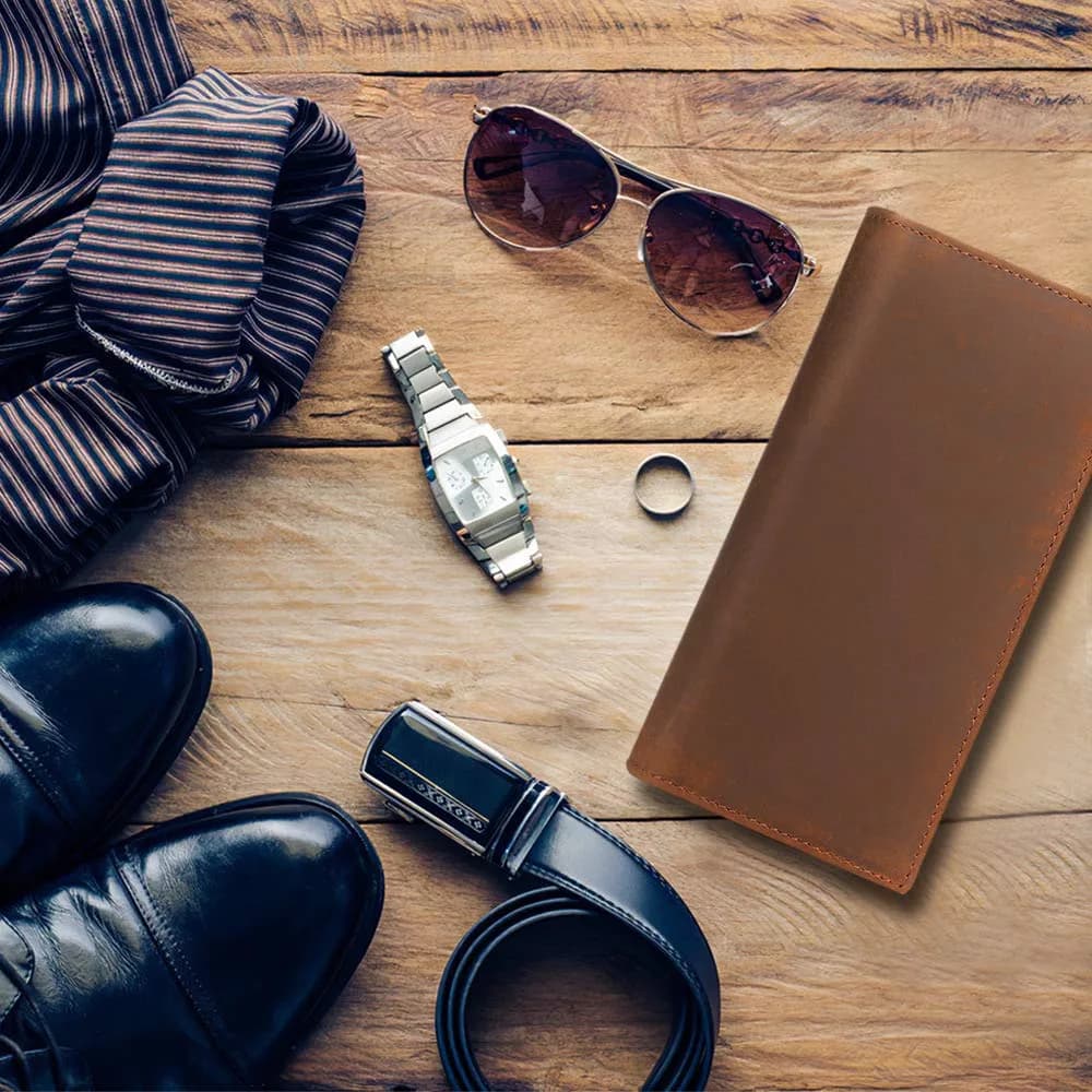 Kattee Men's Vintage Genuine Leather Long Wallet for Checkbook Credit Cards | Brown Bi-Fold (18.5cm x 9cm) - view 8