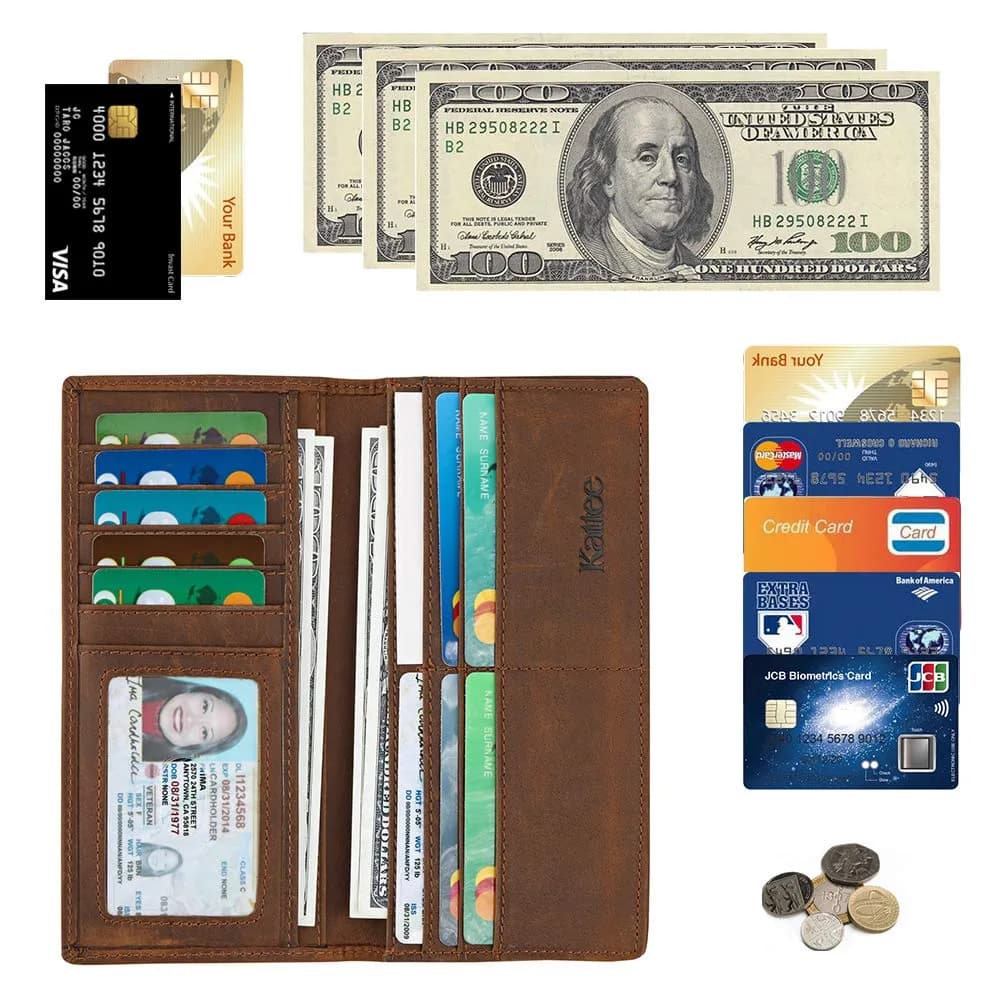 Kattee Men's Vintage Genuine Leather Long Wallet for Checkbook Credit Cards | Brown Bi-Fold (18.5cm x 9cm) - view 9