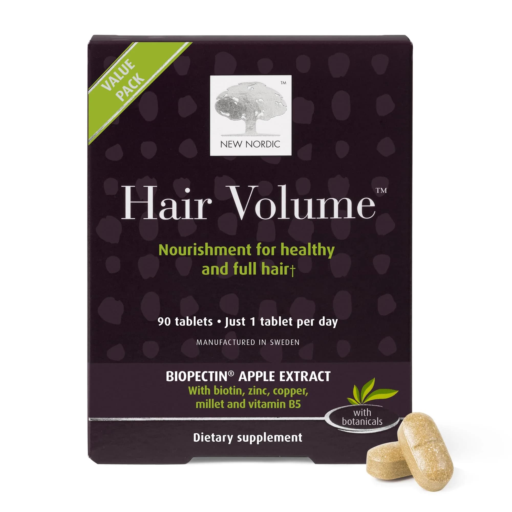 NEW NORDIC Hair Volume Daily Biotin Support Supplement | 90 Tablets for Thicker, Fuller Hair — White