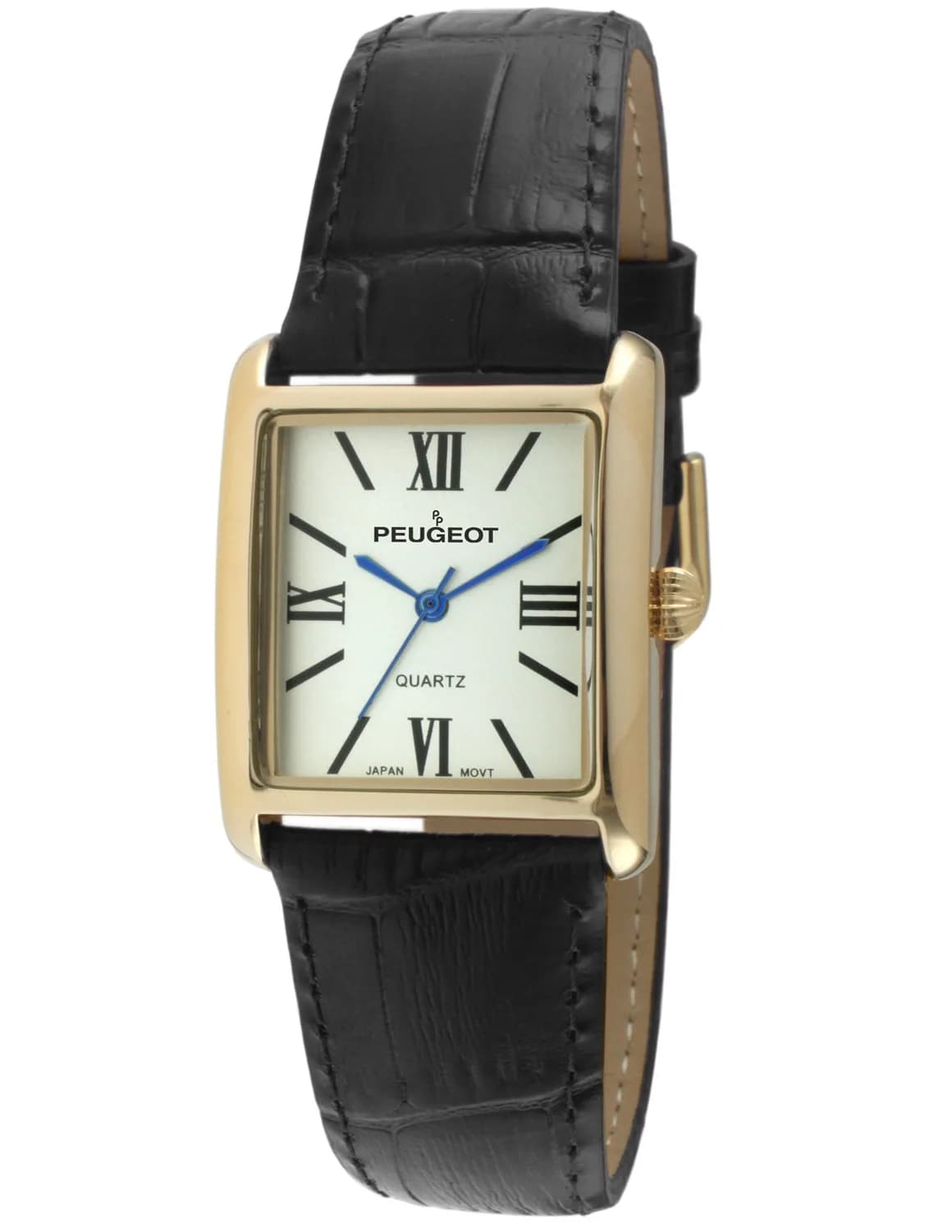 Peugeot Women's Tank Leather Dress Watch Roman Numeral Dial Blue Hands | Elegant Gold Plated — Black