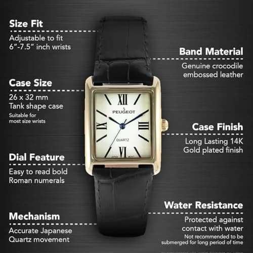 Peugeot Women's Tank Leather Dress Watch Roman Numeral Dial Blue Hands | Classic Elegant Design thumbnail 2