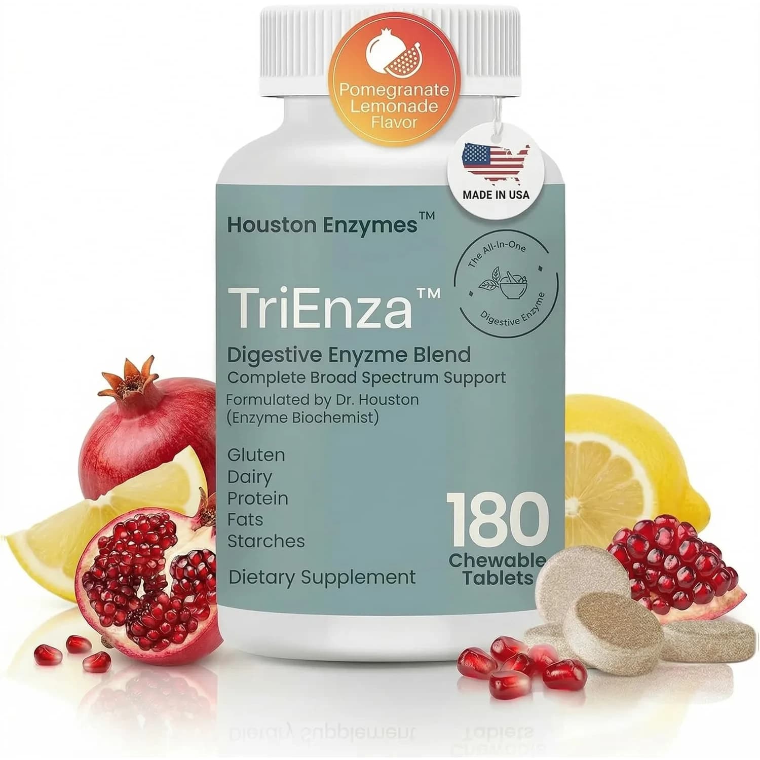 Houston Enzymes TriEnza Digestive Enzymes 90 Capsules | Supports Protein, Carb, Fat Digestion — Chewable Tablets