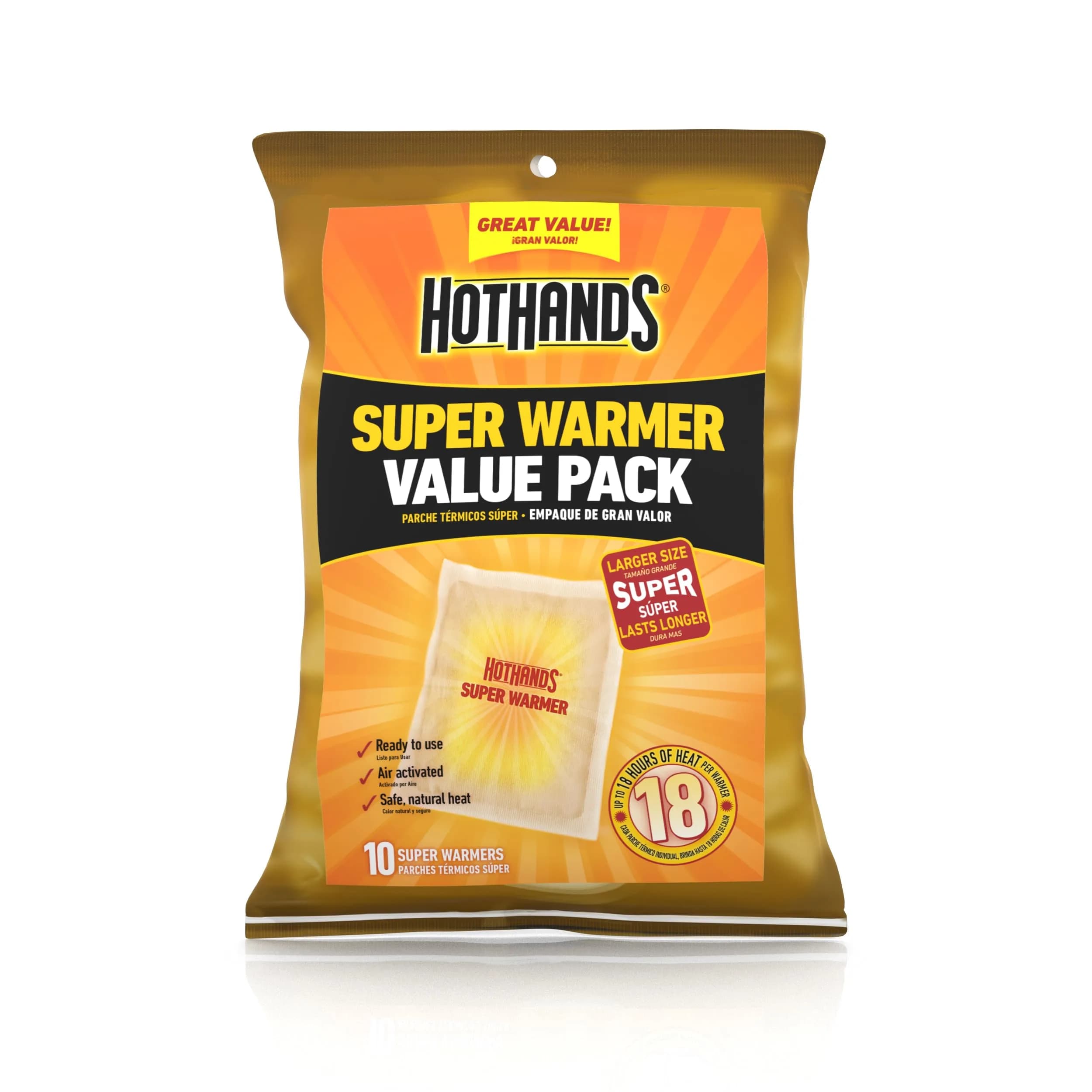 HotHands Super Warmers Value Pack 10 | Up to 18 Hours of Steady Heat for Winter (100 words)