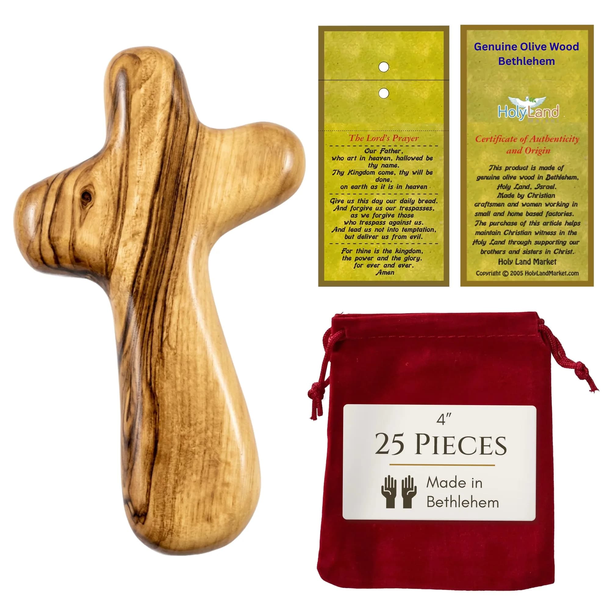 Holy Land Market Olive Wood Comfort Cross 4 Inch | Handcrafted Bethlehem Faith Symbol — Natural Olivewood