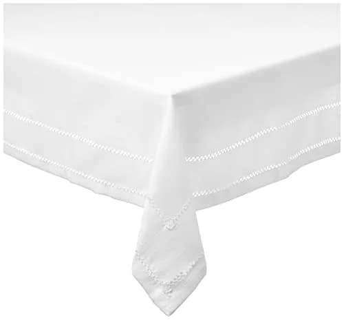 Violet Linen Hem Stitch Embroidered Vintage Design Tablecloth White 54" x 72" | Classic Durable Vintage Style thumbnail 1