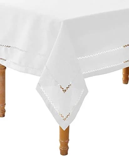 Violet Linen Hem Stitch Embroidered Vintage Design Tablecloth White 68" x 108" | Elegant Dining Decor thumbnail 1