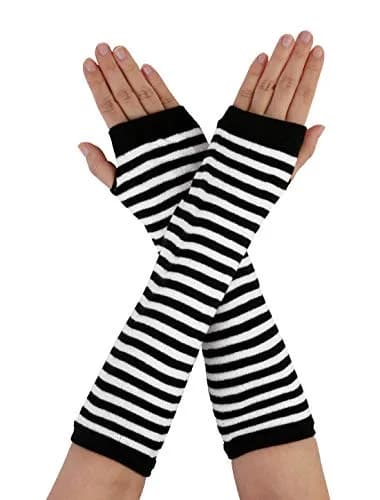 uxcell Arm Warmers Pair in Black & White Stripes | Elbow Length, Fingerless, Knitted Style for Women thumbnail 1
