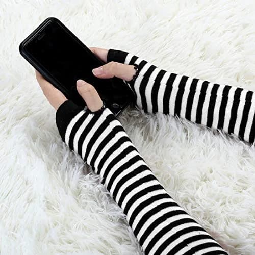 uxcell Arm Warmers Pair in Black & White Stripes | Elbow Length, Fingerless, Knitted Style for Women thumbnail 4