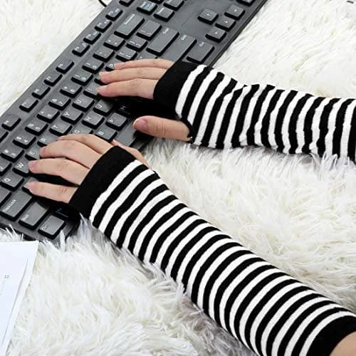 uxcell Arm Warmers Pair in Black & White Stripes | Elbow Length, Fingerless, Knitted Style for Women thumbnail 5
