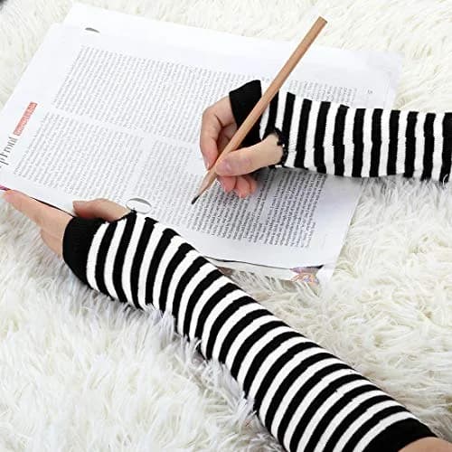 uxcell Arm Warmers Pair in Black & White Stripes | Elbow Length, Fingerless, Knitted Style for Women thumbnail 6
