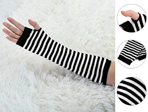 uxcell Arm Warmers Pair in Black & White Stripes | Elbow Length, Fingerless, Knitted Style for Women thumbnail 2