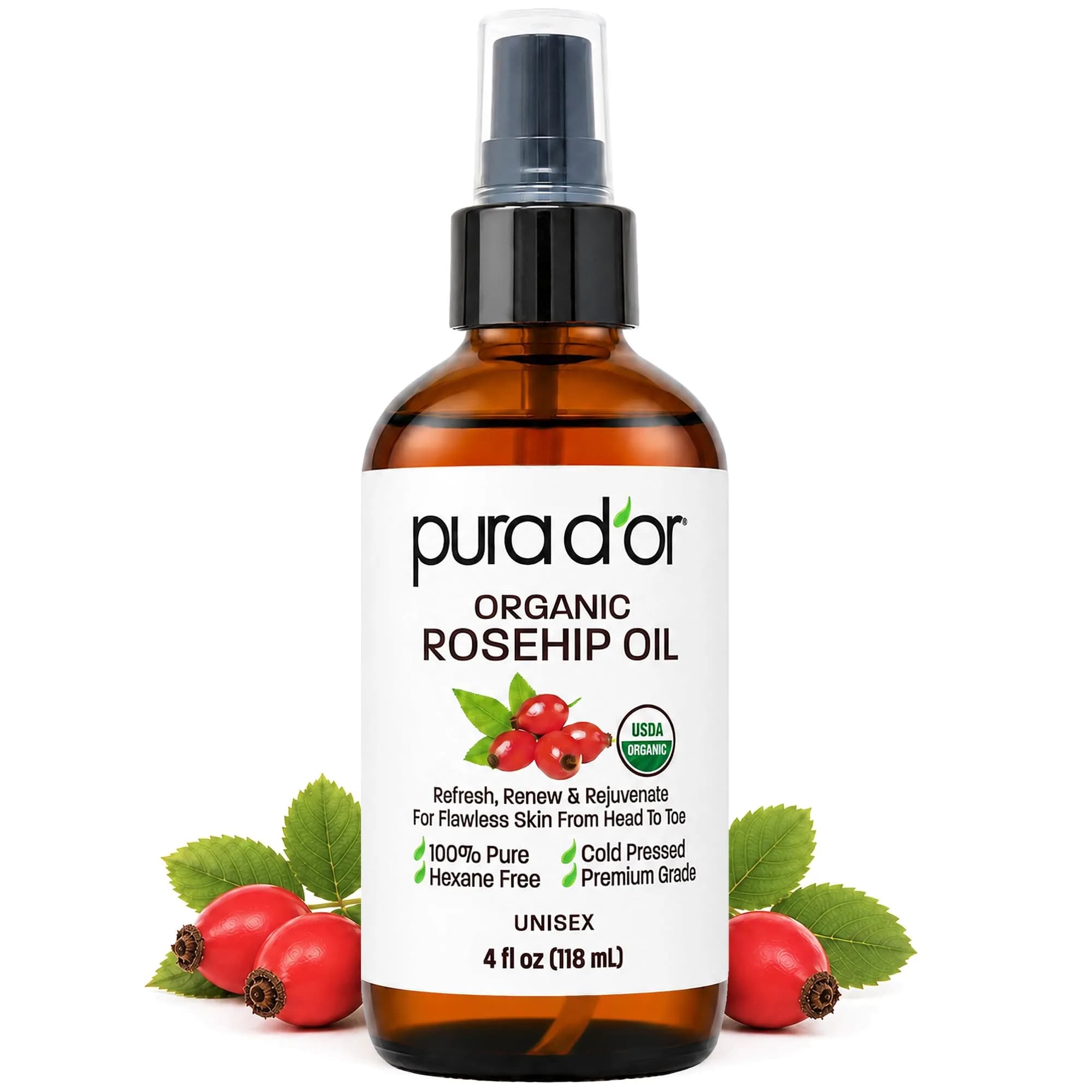 PURA D'OR USDA Organic Moroccan Argan Oil 118ml (4 Fl Oz) | Cold-Pressed Virgin Grade Treatment for Hair, Skin, Scalp & Nails — Rosehip Seed Oil / 4 Fl Oz