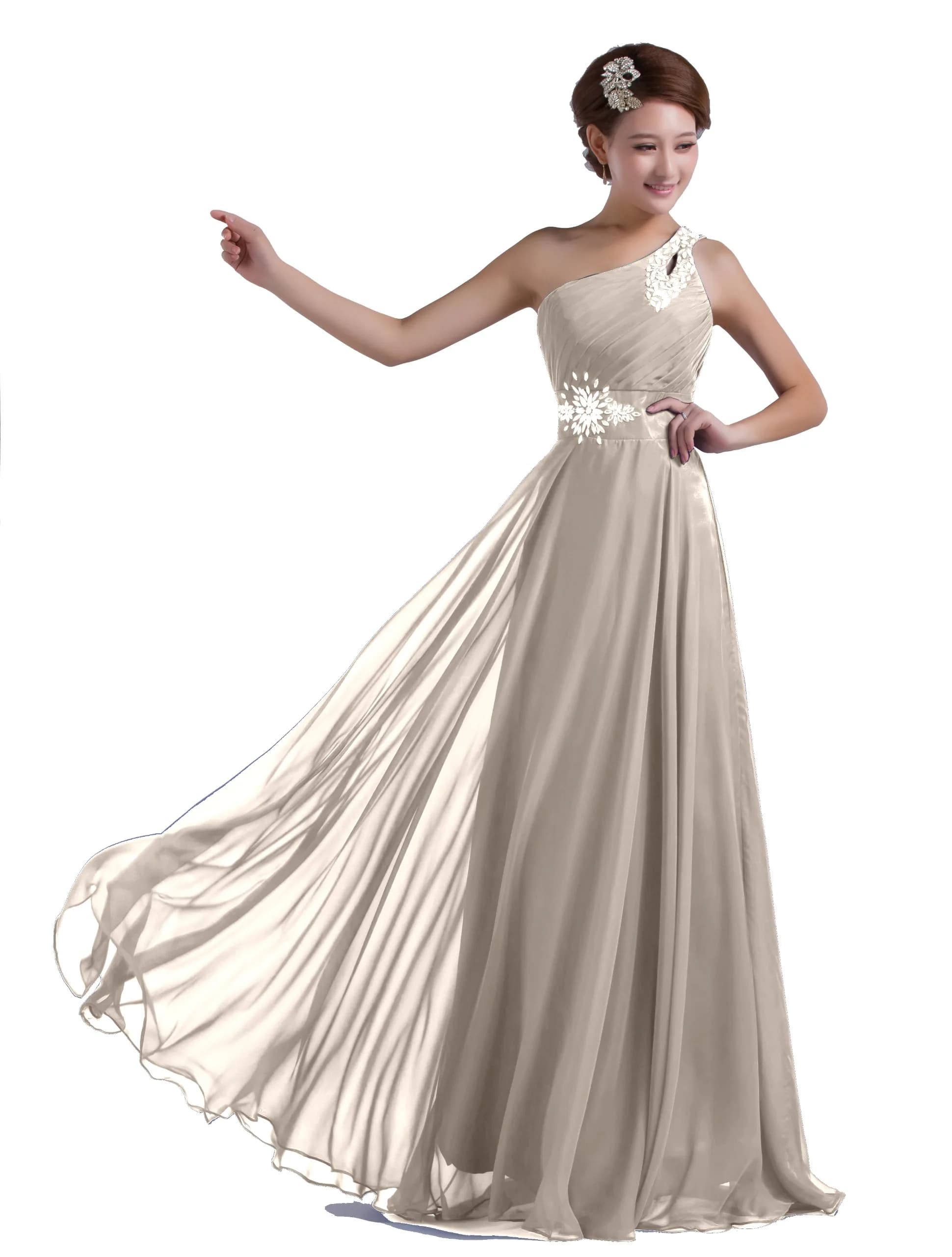 DLFASHION One-Shoulder Floor Length Beaded Chiffon Prom Dress | Light Grey, 16 | Elegant Beaded Silhouette
