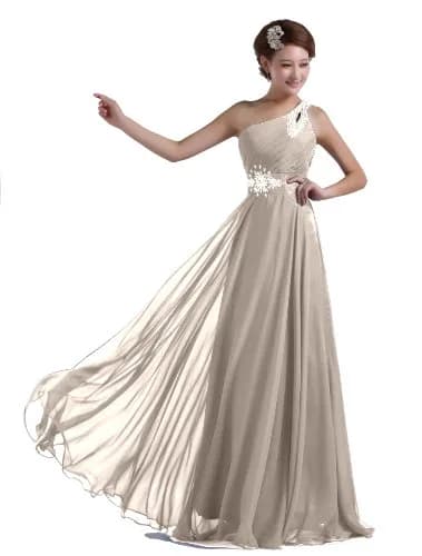 DLFASHION One-Shoulder Floor Length Beaded Chiffon Prom Dress | Light Grey, 16 | Elegant Beaded Silhouette thumbnail 1