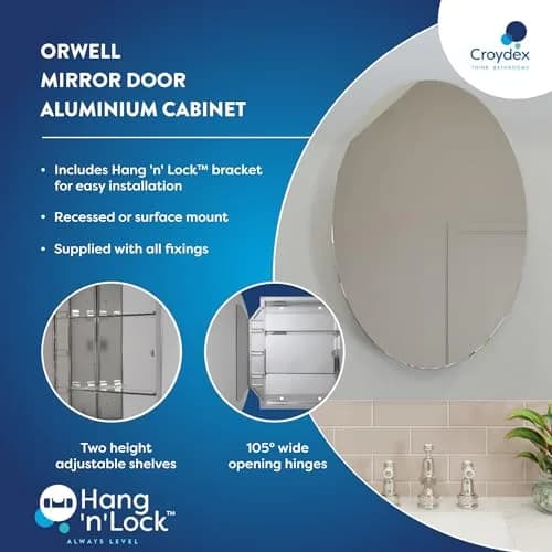 Croydex Orwell Oval Aluminum Bathroom Storage Vanity Mirror Medicine Cabinet 21W x 31H | Easy Hang N Lock Installation thumbnail 2