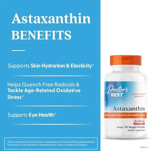 Doctor's Best Astaxanthin Vegan Supplement 6 mg | Skin Elasticity & Antioxidant Support (90 Veggie Softgels) thumbnail 2