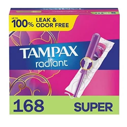 Tampax Radiant Tampons Super Absorbency with LeakGuard Braid Unscented 168 Count (28 Count x 6 Packs) | Up to 8 Hours Protection thumbnail 1